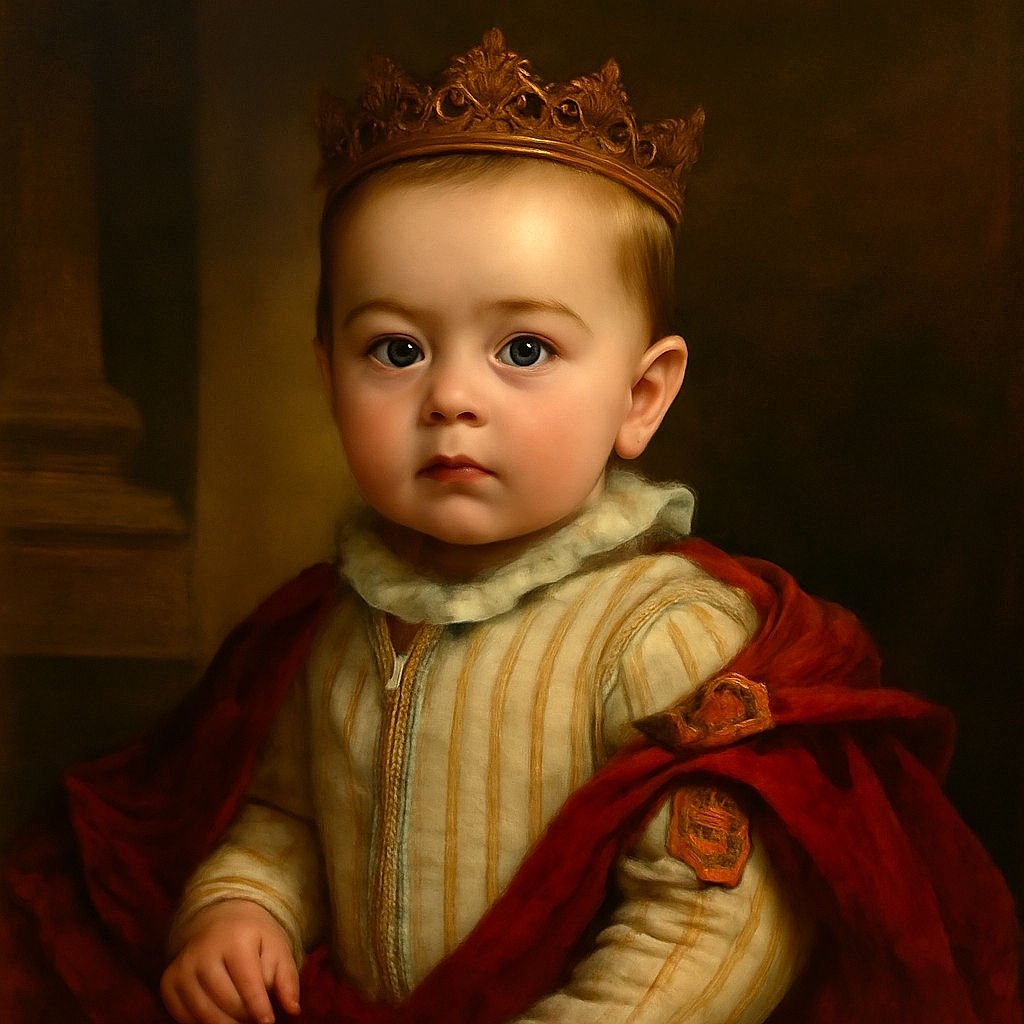 A wide-eyed baby sitting on a bed, wearing a cute baseball-style outfit and socks, looking curiously off-camera with a soft pillow and blanket background.