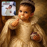 A cute toddler with a pacifier gives a confident thumbs-up while holding a small shiny box, standing on a wooden floor near a sliding glass door with natural light streaming in.
