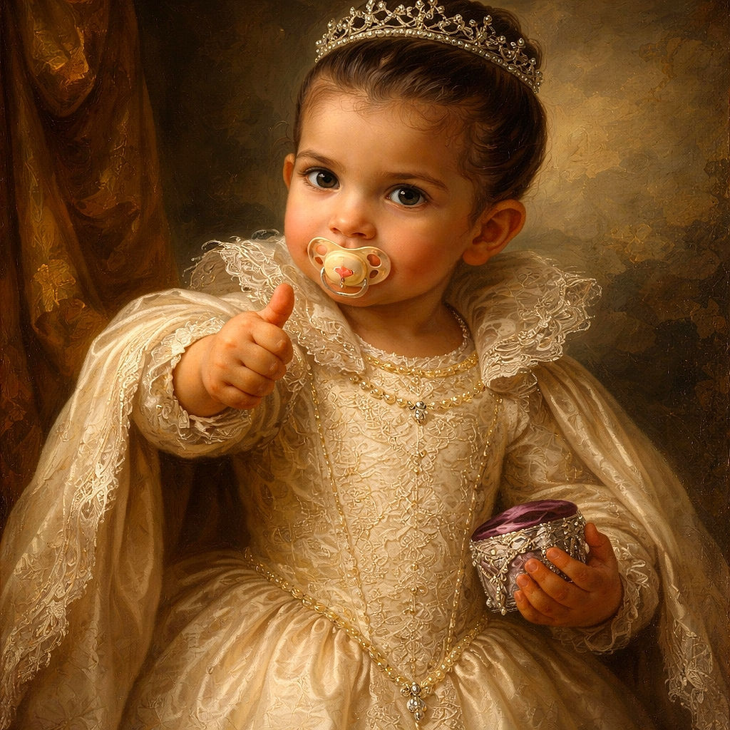 A cute toddler with a pacifier gives a confident thumbs-up while holding a small shiny box, standing on a wooden floor near a sliding glass door with natural light streaming in.