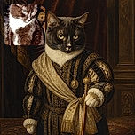 A very serious tuxedo cat sits like a tiny courtroom judge, wearing a dramatic white bib and matching mittens while giving the camera an intense, slightly unimpressed stare. The warm indoor background and bright flash make this feline look ready to preside over the annual meeting of household mischief.