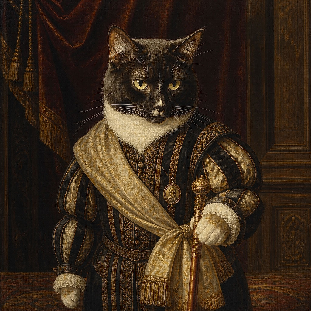 A very serious tuxedo cat sits like a tiny courtroom judge, wearing a dramatic white bib and matching mittens while giving the camera an intense, slightly unimpressed stare. The warm indoor background and bright flash make this feline look ready to preside over the annual meeting of household mischief.