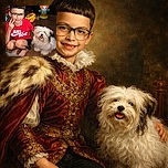 A cheerful young boy wearing glasses and a bright red 'Just Do It' shirt flashes a peace sign while crouching next to a fluffy, happy dog on a wooden floor, with colorful toys blurred in the background.