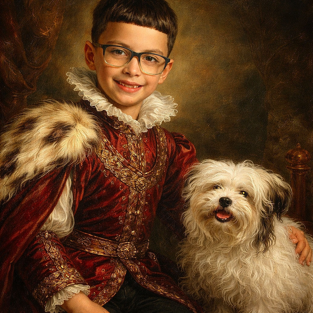 A cheerful young boy wearing glasses and a bright red 'Just Do It' shirt flashes a peace sign while crouching next to a fluffy, happy dog on a wooden floor, with colorful toys blurred in the background.