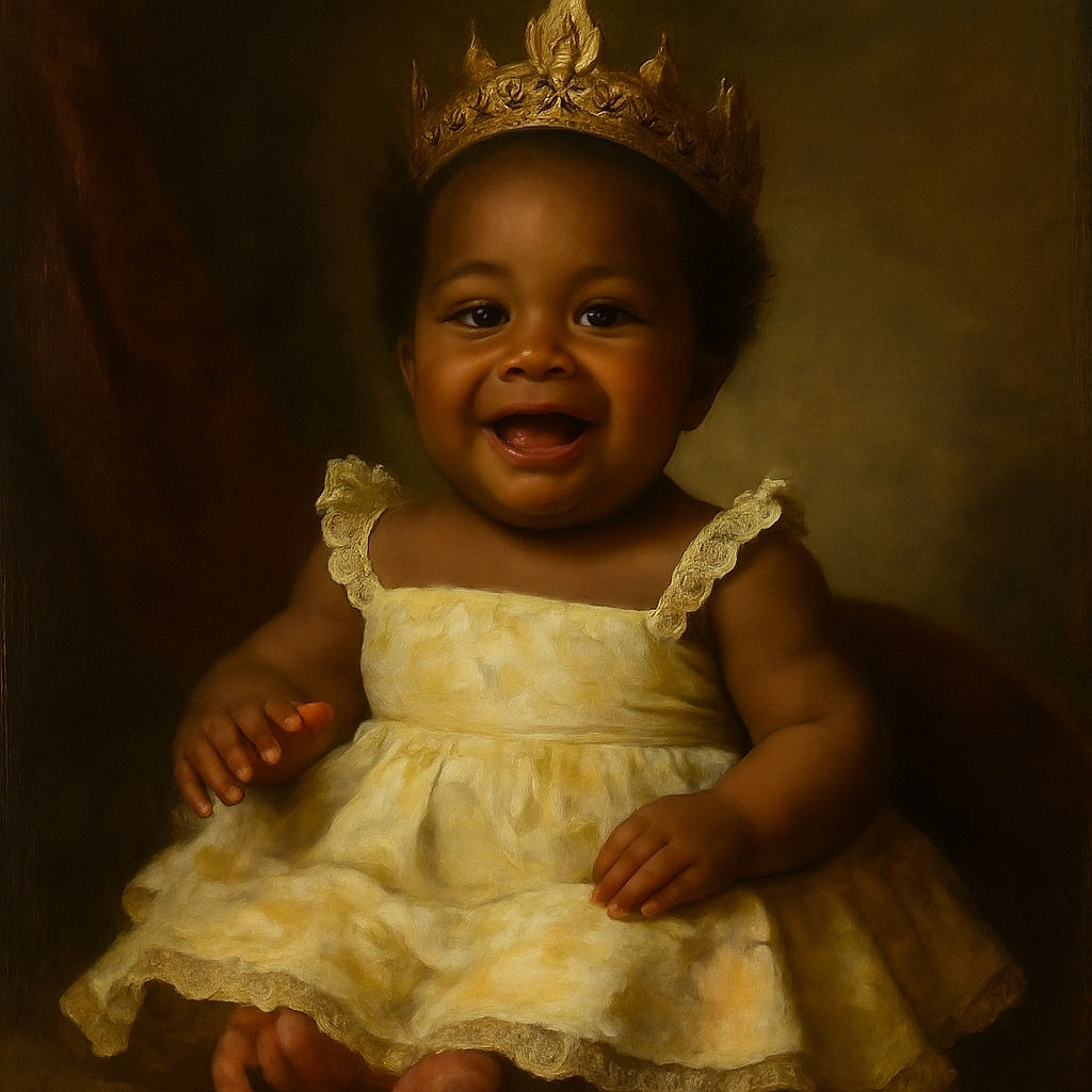 A joyful baby in a bright yellow lemon-patterned dress beams with a wide smile, sitting comfortably with tiny toes playfully pointed forward against a clean white background.