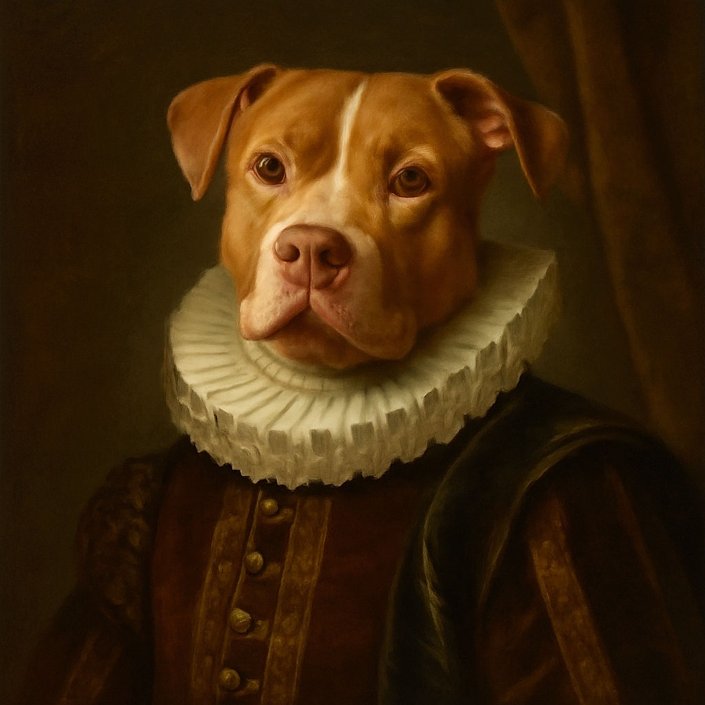 A charming dog with a purple collar sits on a wooden floor, leaning slightly with a curious and attentive expression, against a cozy background of a beige couch with patterned cushions.