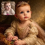 A wide-eyed baby with tiny pigtails stares up as if overhearing a secret from the ceiling, clutching a pile of pink plush toys on a cozy beige couch — soft light, immaculate cheeks, and peak cuddle energy.