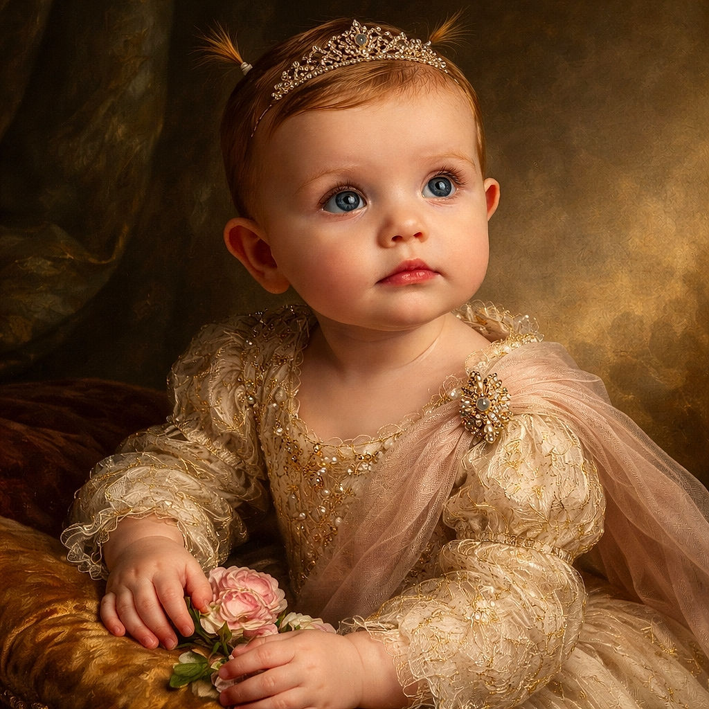 A wide-eyed baby with tiny pigtails stares up as if overhearing a secret from the ceiling, clutching a pile of pink plush toys on a cozy beige couch — soft light, immaculate cheeks, and peak cuddle energy.