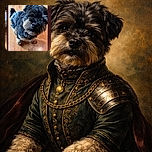 A cute small black and gray dog with curly fur looks up adorably from a wooden floor, captured in a casual snapshot within a phone screen interface.