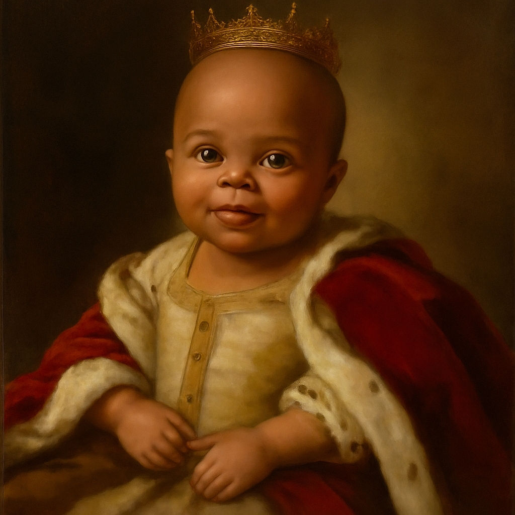 A cute baby wearing a beige onesie with a Winnie the Pooh print is lying on a soft gray blanket, looking curiously at the camera with bright eyes and a slightly open mouth, while a hand with a ring rests nearby.