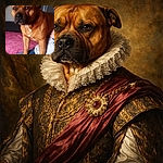 A sturdy brown dog stands confidently on a person's lap, the background showing a pink bedspread and casual home setting. The photo is slightly blurry but captures the dog's soulful eyes and muscular build.