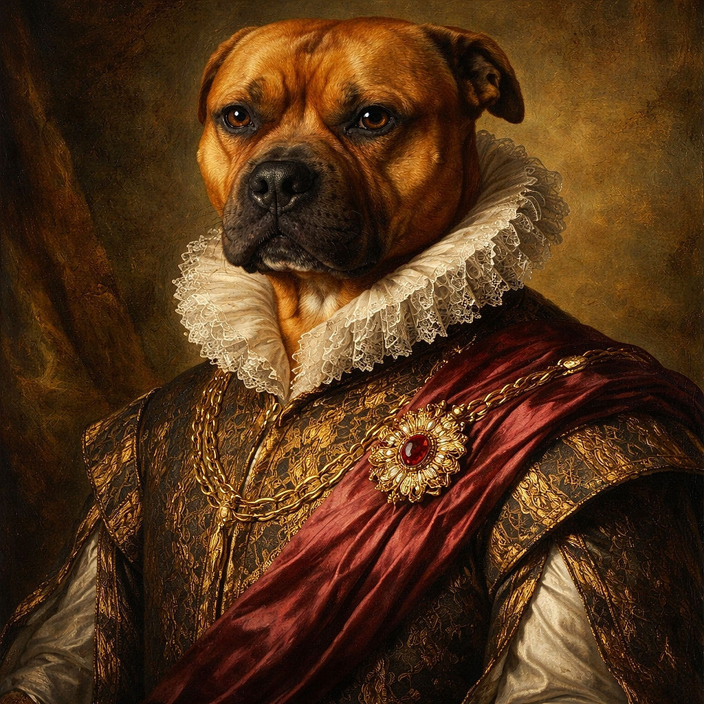 A sturdy brown dog stands confidently on a person's lap, the background showing a pink bedspread and casual home setting. The photo is slightly blurry but captures the dog's soulful eyes and muscular build.