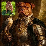 A sturdy brown dog with a white patch on its chest sits attentively on bright green grass, staring directly at the camera with a serious expression, while a worn-out ball lies nearby, hinting at a paused game of fetch.