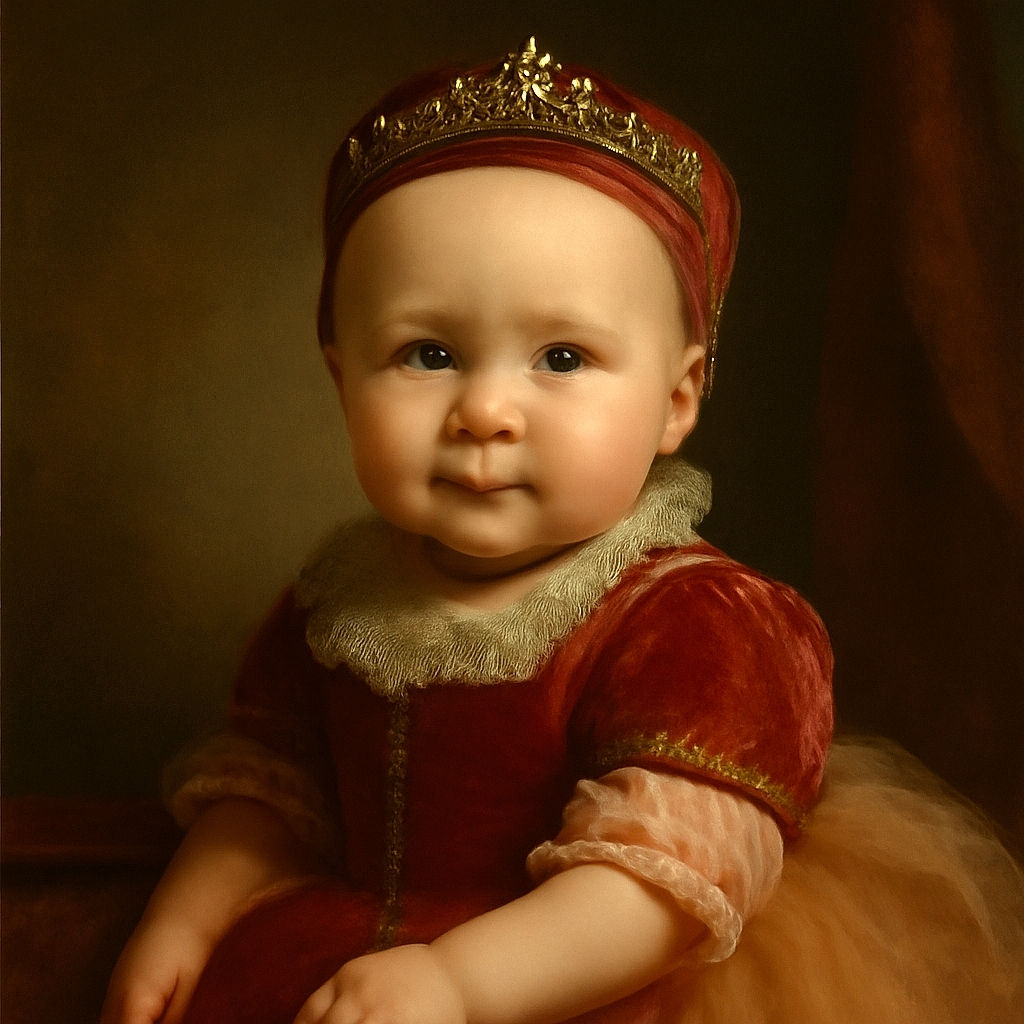 A close-up photo of a curious baby in a red outfit and a matching headband, looking directly into the camera with wide eyes and a slight smile, surrounded by soft textures and warm lighting.