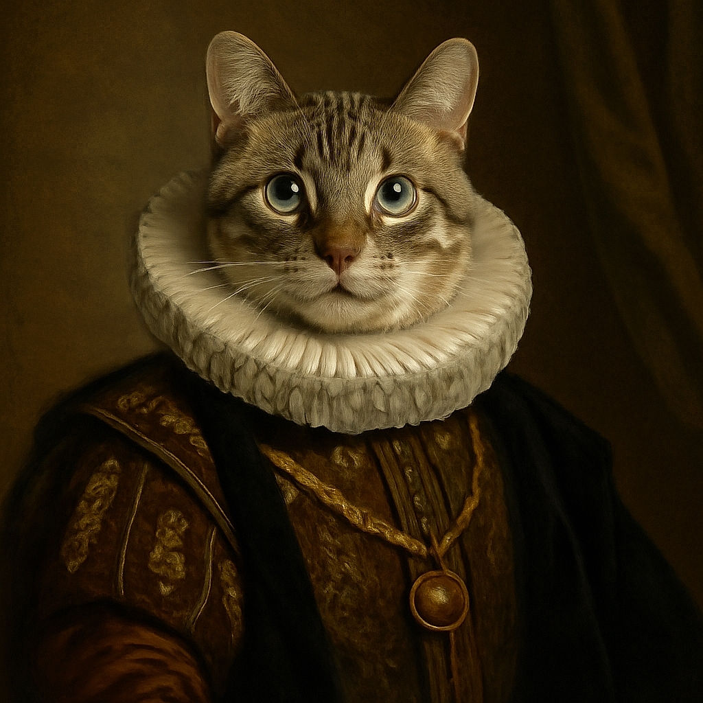 A fluffy tabby cat with striking blue eyes sits regally on a bright red couch, surrounded by everyday household items, looking like the undisputed ruler of the living room kingdom.