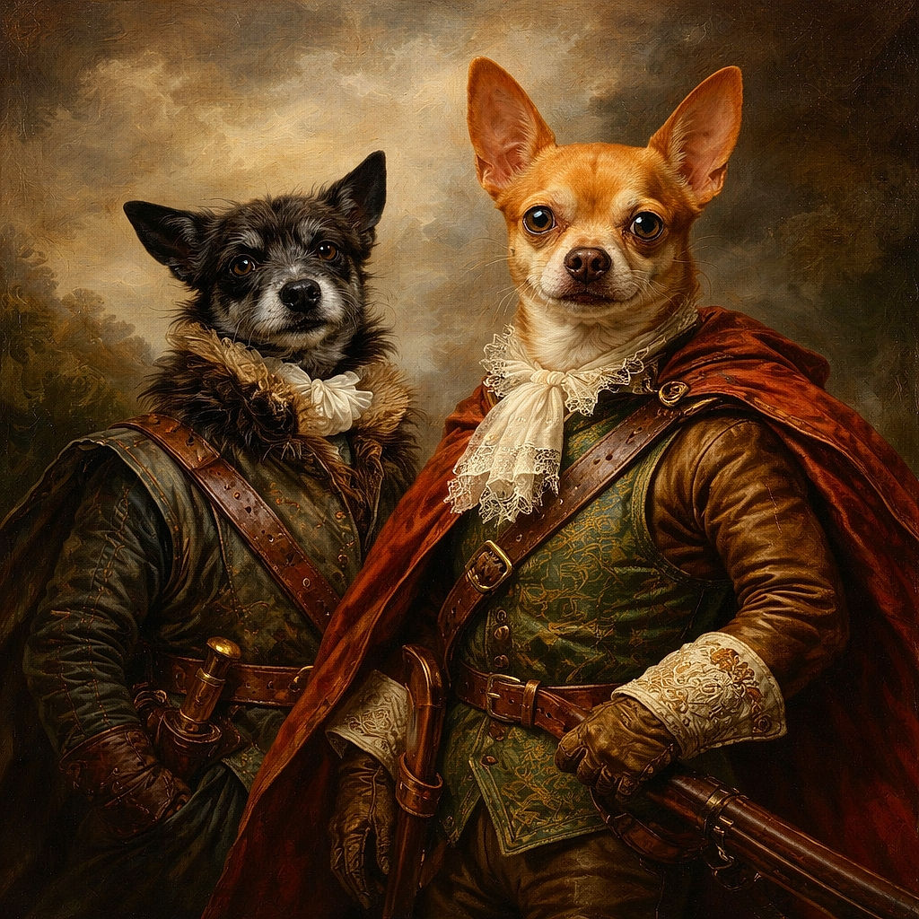 Two adorable dogs sharing a cozy corner: one black dog lounging comfortably on a cushion-covered chair, and a tan dog sitting attentively on a cushioned stool. The room is softly lit with natural light, creating a warm and homely atmosphere.