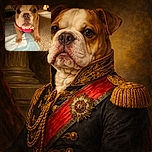 A close-up shot of an adorable bulldog puppy wearing a bright pink harness, standing on a carpet with pee pads underneath. The puppy's curious eyes and slightly open mouth give it an innocent and playful expression, while the warm indoor lighting adds a cozy atmosphere.