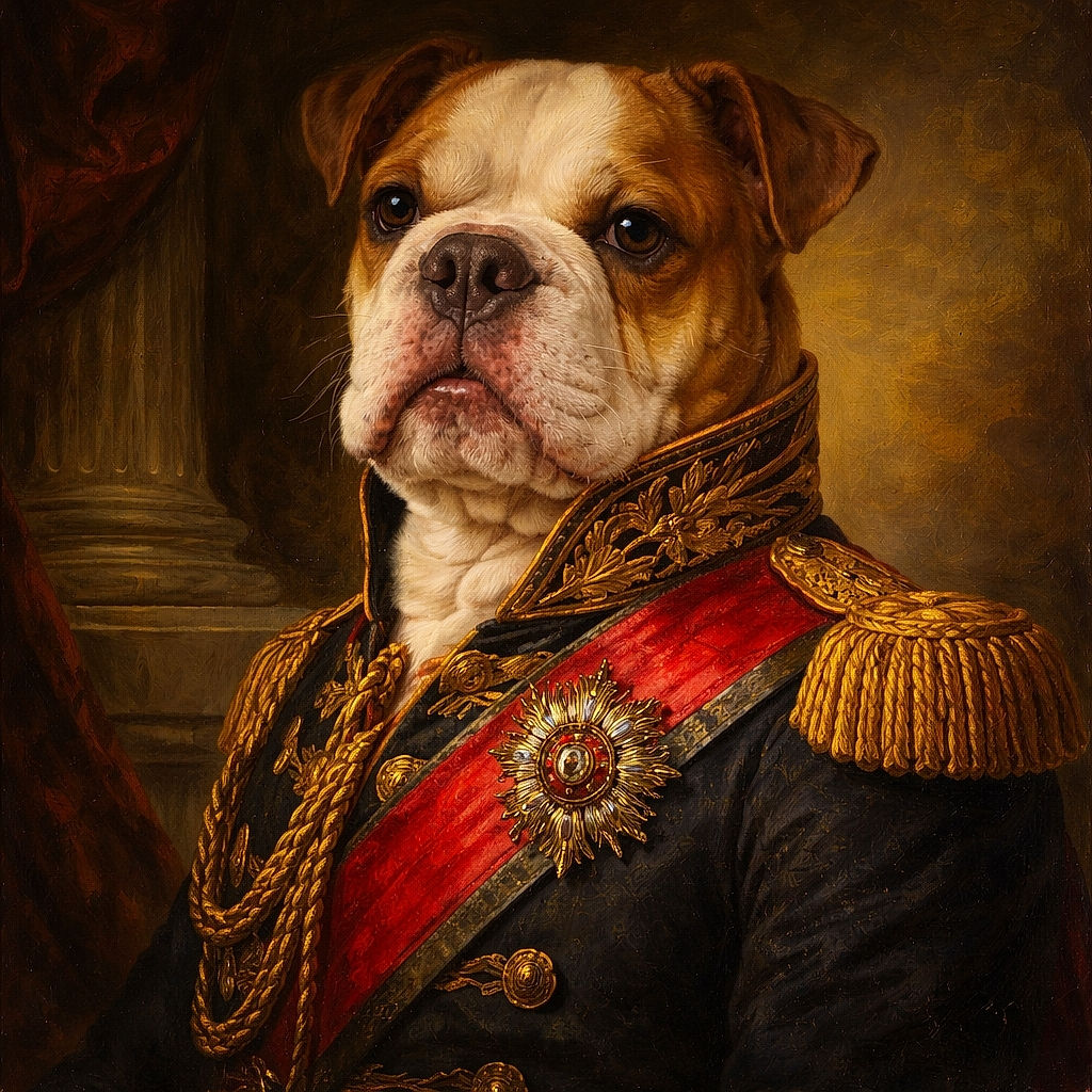 A close-up shot of an adorable bulldog puppy wearing a bright pink harness, standing on a carpet with pee pads underneath. The puppy's curious eyes and slightly open mouth give it an innocent and playful expression, while the warm indoor lighting adds a cozy atmosphere.