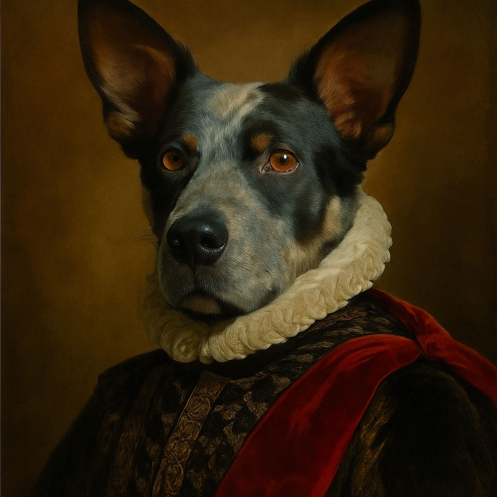 A happy dog with big ears and bright eyes smiles widely at the camera, standing outside on a sunny, gravelly ground with a chain-link fence and some garden items blurred in the background.