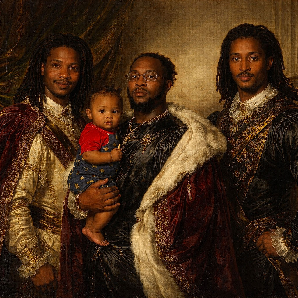 A family-style snapshot at an indoor memorial: three adults with dreadlocks and a smiling toddler held in the center in star-patterned overalls. They stand in front of a painted RIP banner hung on a wooden-frame wall, wearing matching photo-print shirts and casual shorts and sandals — a warm, slightly gritty candid with loud personalities and a quiet backdrop.
