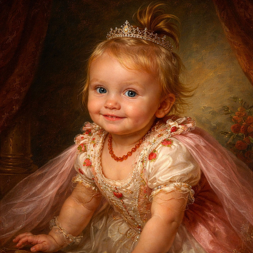 A joyful baby with a strawberry-patterned outfit and a tiny necklace is crawling inside a bright green tunnel slide, looking curiously at the camera with a cheeky smile and sparkling eyes.