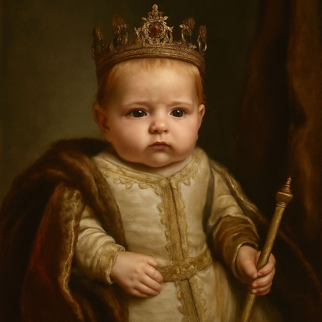 A tiny newborn baby, dressed in a cute gray onesie with a loving message for Mom and Dad, is cradled gently in tattooed arms. The baby stares curiously with wide eyes, while the background shows a cozy living room with a carpet, shoes, and a soda bottle. The scene radiates warmth and family love.