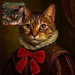 A curious tabby cat with big green eyes peeks through the branches of a Christmas tree, wearing a festive red bow around its neck, looking ready to star in a holiday movie.