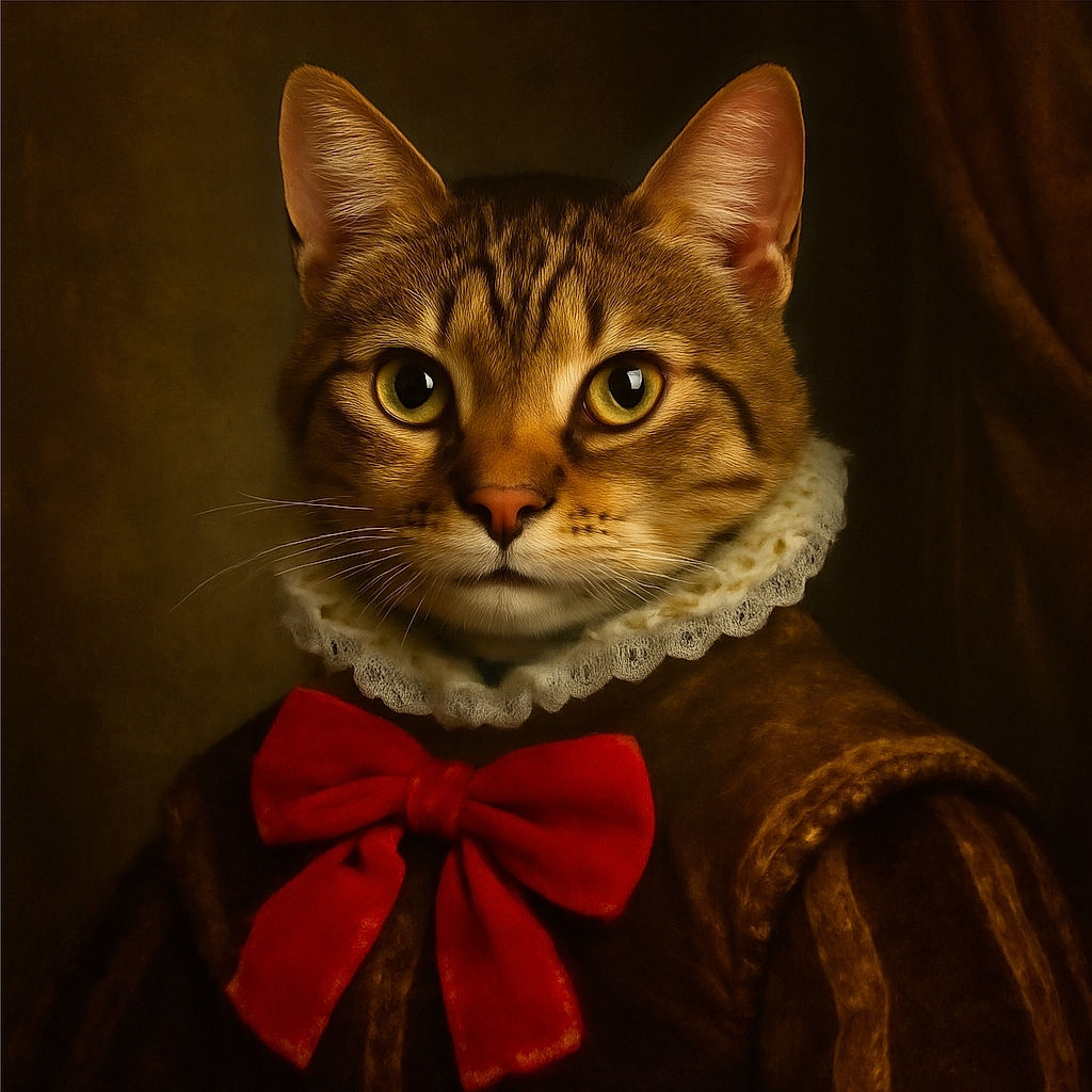 A curious tabby cat with big green eyes peeks through the branches of a Christmas tree, wearing a festive red bow around its neck, looking ready to star in a holiday movie.