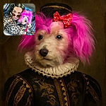 A stylish woman with butterfly sunglasses and purple lipstick poses in a car holding a small dog with bright pink dyed fur and tiny sneakers, both looking ready for a quirky fashion show.