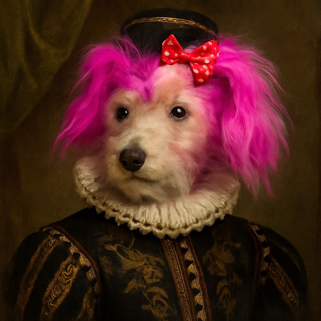 A stylish woman with butterfly sunglasses and purple lipstick poses in a car holding a small dog with bright pink dyed fur and tiny sneakers, both looking ready for a quirky fashion show.