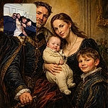 A cozy family selfie with a bearded man in sunglasses, a woman, a baby in a beige knitted outfit, and a smiling boy flashing a peace sign, all lounging comfortably on a bed with elegant white paneling in the background.