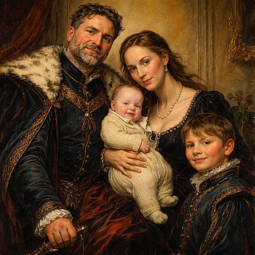 A cozy family selfie with a bearded man in sunglasses, a woman, a baby in a beige knitted outfit, and a smiling boy flashing a peace sign, all lounging comfortably on a bed with elegant white paneling in the background.