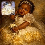 A peacefully sleeping baby dressed in a fancy yellow flowered dress with a pacifier, lying on soft blankets with arms raised, capturing a serene moment of infant calm.