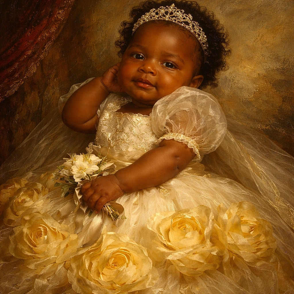 A peacefully sleeping baby dressed in a fancy yellow flowered dress with a pacifier, lying on soft blankets with arms raised, capturing a serene moment of infant calm.