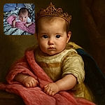 A curious baby propped up on a bed covered with cozy blankets, gazing intently at the camera with wide eyes, surrounded by soft pink and white textures that add warmth to the scene.