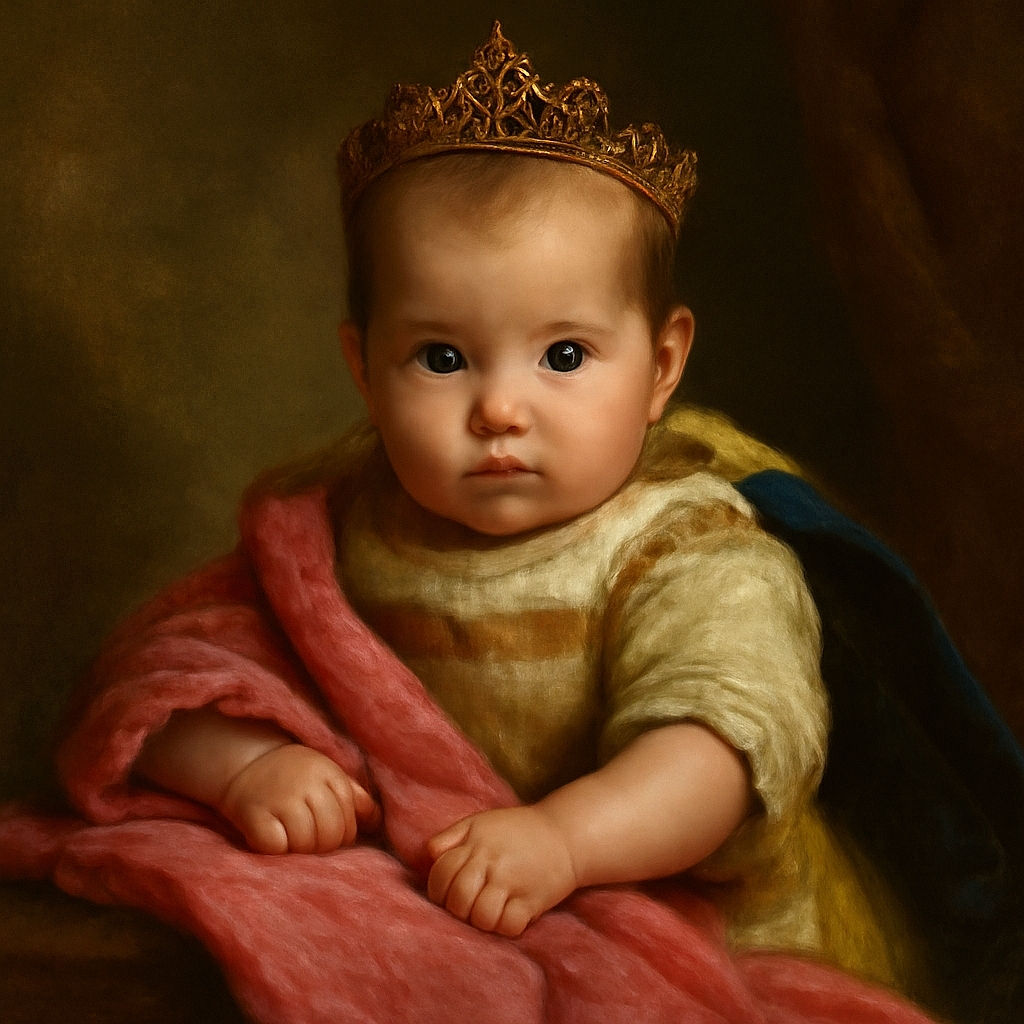 A curious baby propped up on a bed covered with cozy blankets, gazing intently at the camera with wide eyes, surrounded by soft pink and white textures that add warmth to the scene.