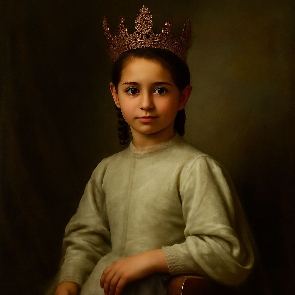 A young girl with a hair clip enjoys a bright blue drink through a striped straw while sitting at an outdoor café with a red and white checkered tablecloth, surrounded by charming European-style buildings and empty chairs.