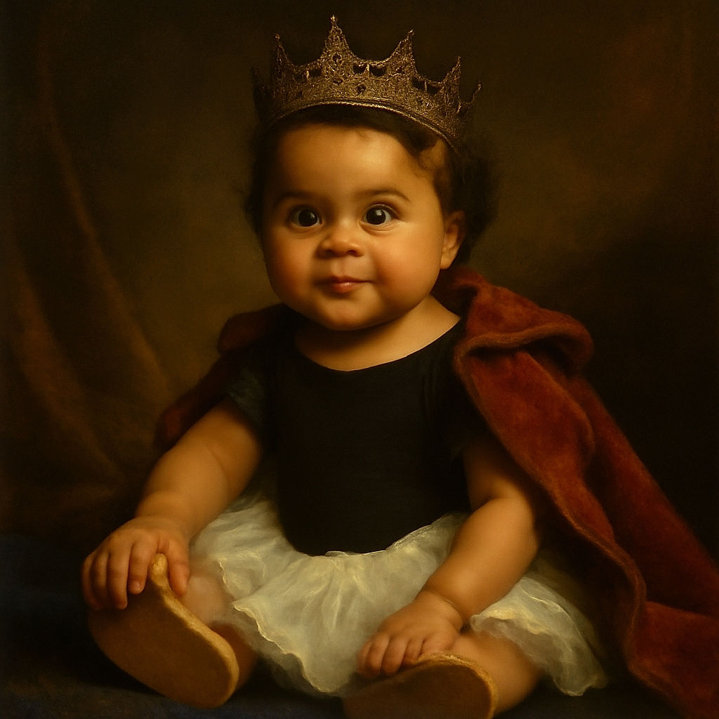 A cute baby dressed in a black top and white tutu skirt sits comfortably on a dark couch, smiling slightly with bright eyes that sparkle with curiosity. The background shows a shelf with various household items, including glasses and mugs, adding a cozy home vibe.