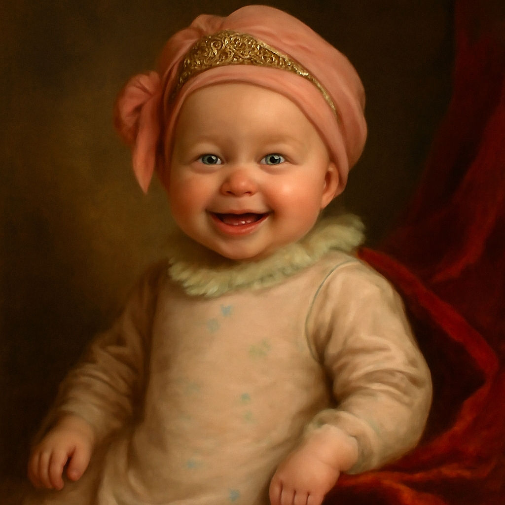 A smiling baby wearing a pink onesie and a matching headband with a bow, lying on a soft surface with a yellow toy partially visible in the corner. The baby looks happy and playful, sticking out their tongue in a cute and funny way.