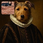 A fluffy dog with a mix of black and tan fur is lounging comfortably on a bed of dry pine needles, looking calmly at the camera with a serene expression.