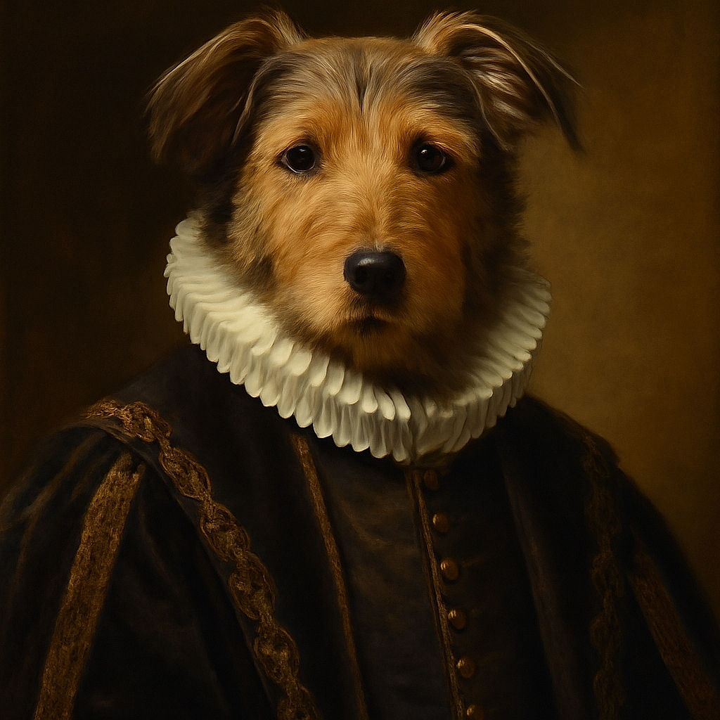 A fluffy dog with a mix of black and tan fur is lounging comfortably on a bed of dry pine needles, looking calmly at the camera with a serene expression.