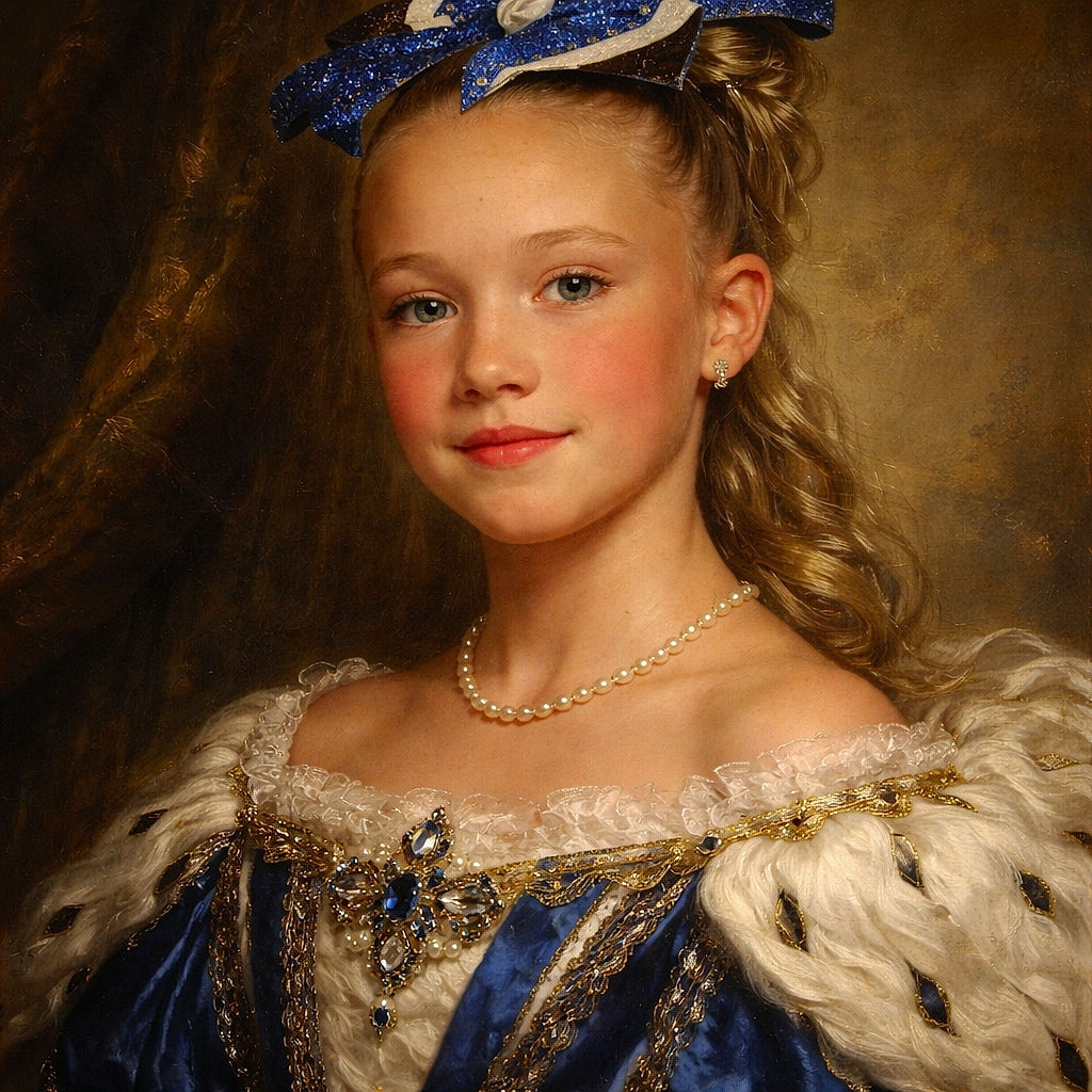 A young cheerleader with a sparkling blue bow and rosy cheeks poses confidently against a dark background, wearing a Panthers uniform that hints at team spirit and youthful energy.