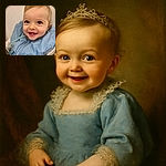A close-up shot of an adorable baby with bright eyes and a toothy smile, wrapped in a cozy blue outfit, radiating pure joy and innocence against a soft, neutral background.