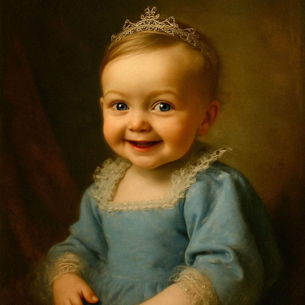 A close-up shot of an adorable baby with bright eyes and a toothy smile, wrapped in a cozy blue outfit, radiating pure joy and innocence against a soft, neutral background.