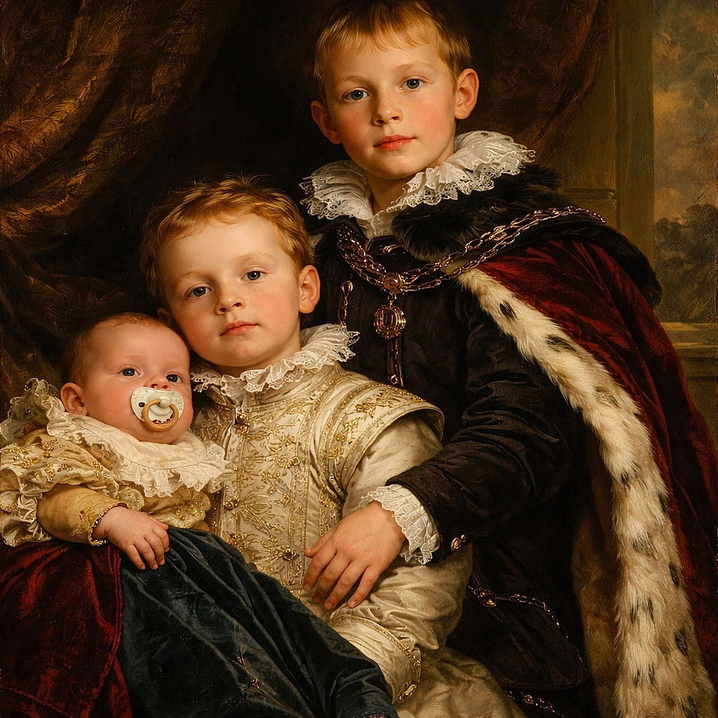 Three siblings stacked like a cozy sandwich on the couch: a pacifier-sporting baby, a sleepy toddler looking unimpressed, and an older kid bundled under a blanket giving the world a steady side-eye — blanket fortress and all.