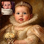 A close-up photo of a wide-eyed baby wrapped in a cozy white blanket embroidered with stars and a crescent moon, looking curiously at the camera with a slightly open mouth, set against a purple and dark background.
