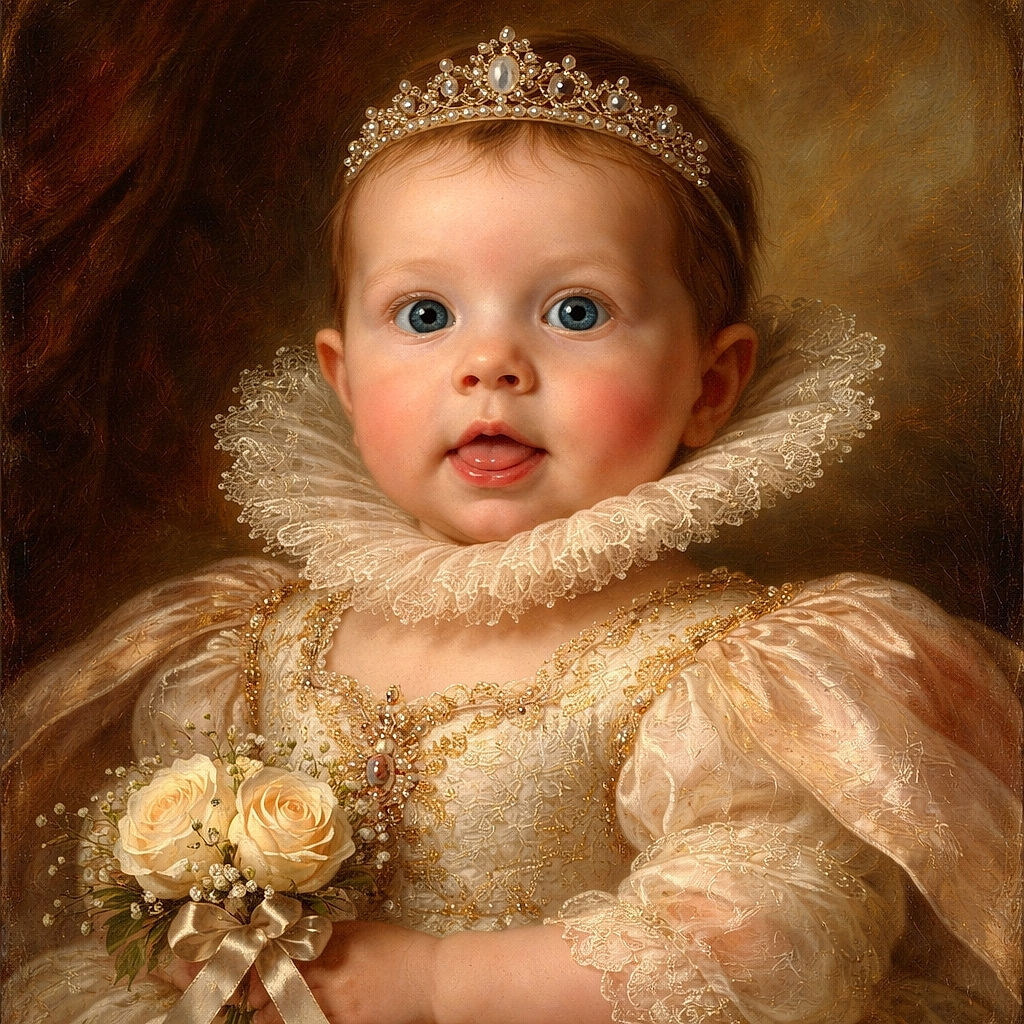 A close-up photo of a wide-eyed baby wrapped in a cozy white blanket embroidered with stars and a crescent moon, looking curiously at the camera with a slightly open mouth, set against a purple and dark background.