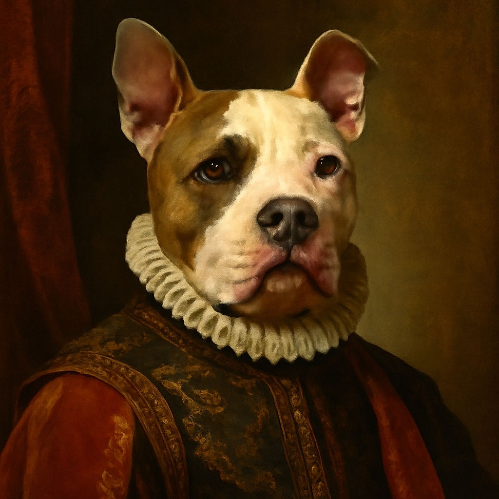 A close-up photo of a light-colored dog with a unique facial pattern that creates an optical illusion of two faces merged into one, lying on a dark surface with a cozy and relaxed vibe.