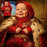 A happy baby bundled up in a bright red hoodie and matching pants lounges comfortably on a soft textured cushion, flashing a cheeky smile that could melt hearts.
