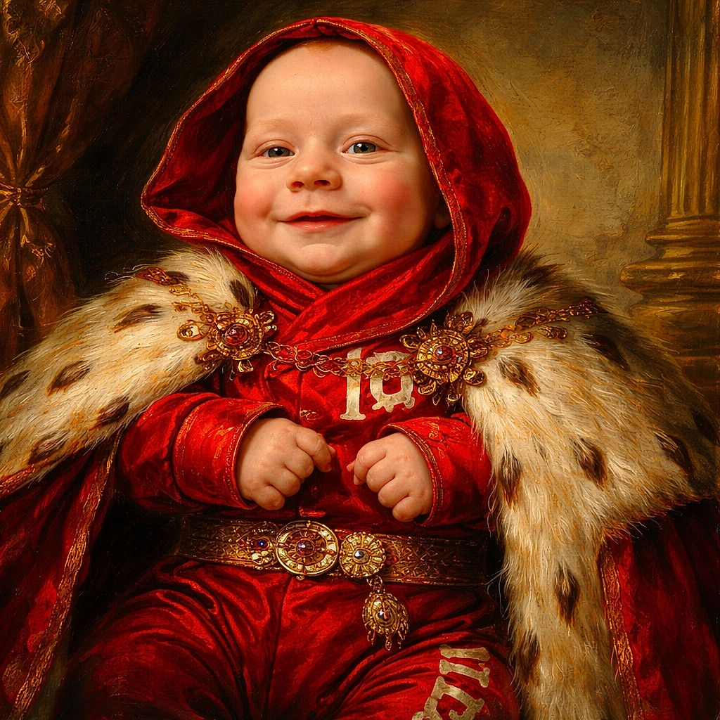 A happy baby bundled up in a bright red hoodie and matching pants lounges comfortably on a soft textured cushion, flashing a cheeky smile that could melt hearts.