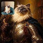 A fluffy, regal cat with a majestic mane sits upright on a teal quilted chair, looking directly at the camera with a calm and slightly curious expression, while a mustard yellow pillow peeks out from behind.